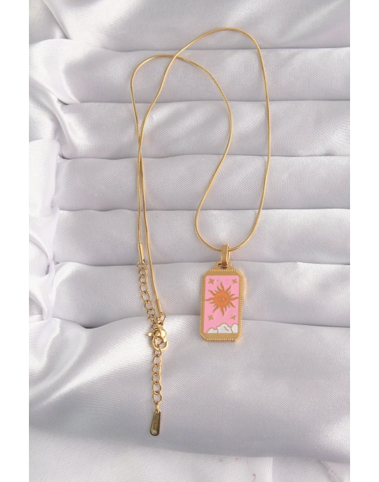316L Çelik Gold Renk Pembe Mineli Güneş Model Tarot Kolye
