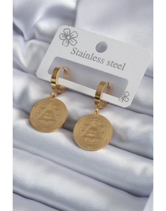316L Çelik Gold Renk Pentagram İşleme Model Kadın Küpe