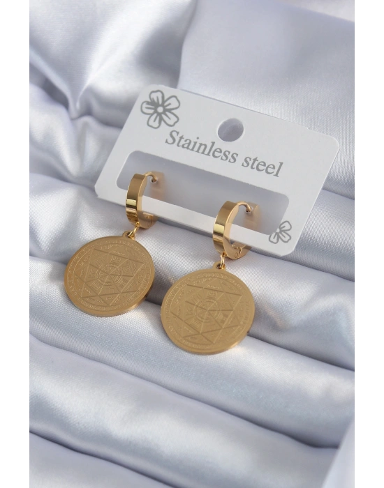 316L Çelik Gold Renk Pentagram İşleme Model Kadın Küpe