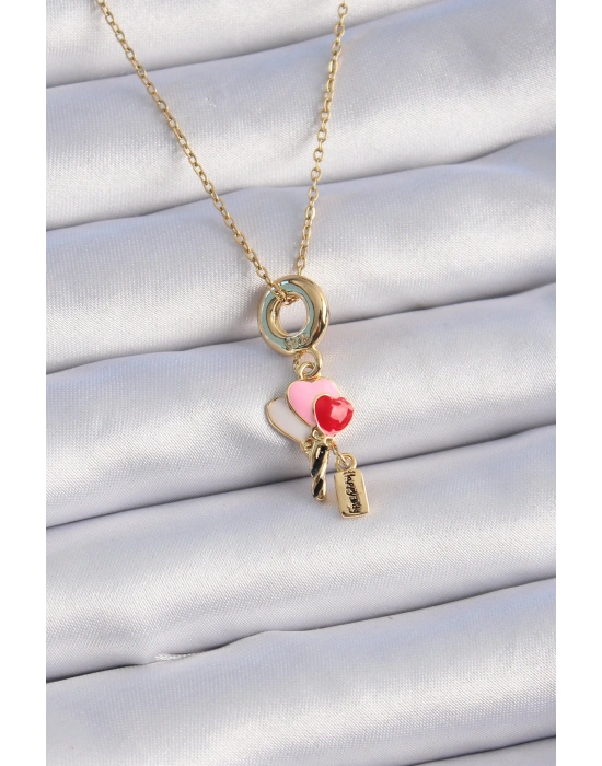 316L Çelik Gold Renk Renkli Kalp Figür Charm Model Kadın Kolye