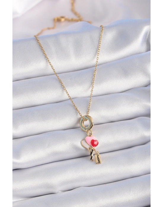 316L Çelik Gold Renk Renkli Kalp Figür Charm Model Kadın Kolye