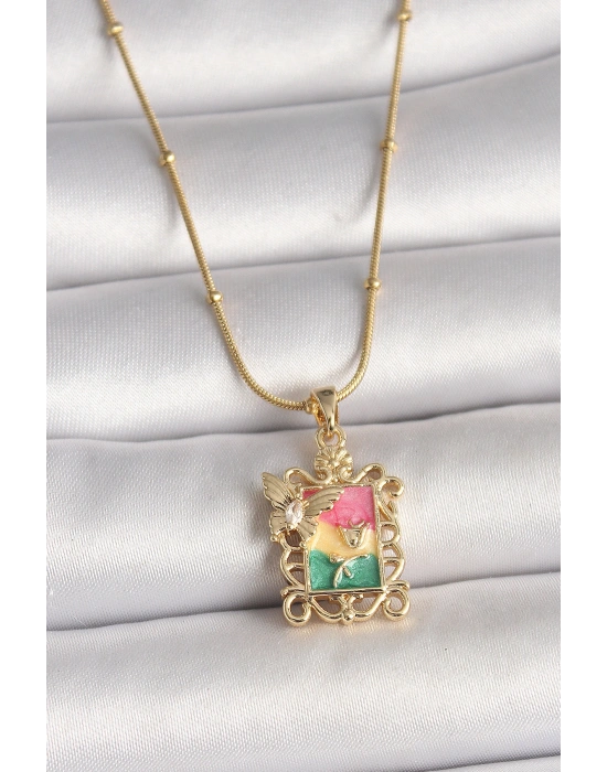 316L Çelik Gold Renk Renkli Zirkon Taşlı Kelebek İşlemeli Portre Model Kadın Kolye