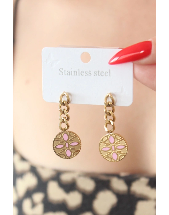 316L Çelik Gold Renk Sallantı Çiçek Model İşleme Detay Kadın Küpe