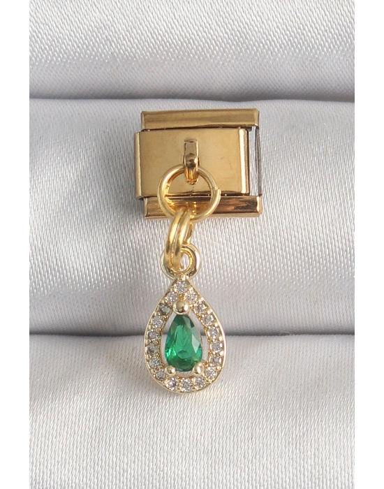 316L Çelik Gold Renk Sallantı Damla Yeşil Zirkon Taşlı Nomination Charm