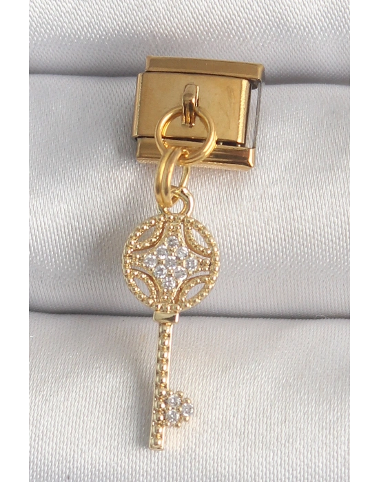 316L Çelik Gold Renk Sallantı Zirkon Taşlı Anahtar Model Nomination Charm
