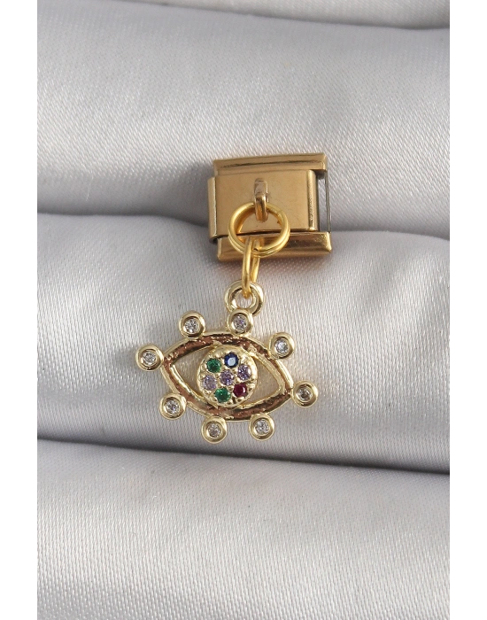 316L Çelik Gold Renk Sallantı Zirkon Taşlı Göz Model Nomination Charm