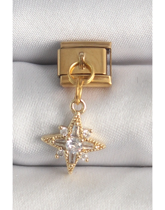 316L Çelik Gold Renk Sallantı Zirkon Taşlı Kutup Yıldız Model Nomination Charm
