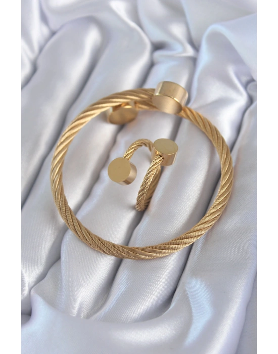 316L Çelik Gold Renk Sarmal Model Erkek Bileklik Yüzük Kombini
