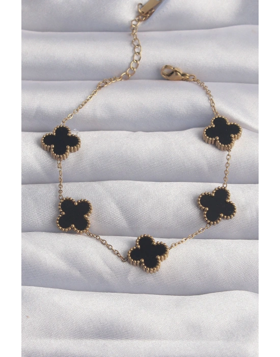 316L Çelik Gold Renk Siyah Mineli Yonca Bileklik