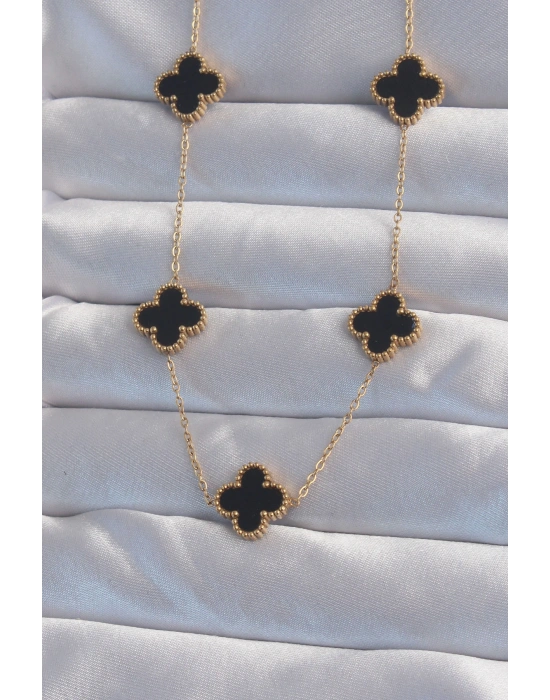 316L Çelik Gold Renk Siyah Mineli Yonca Kolye