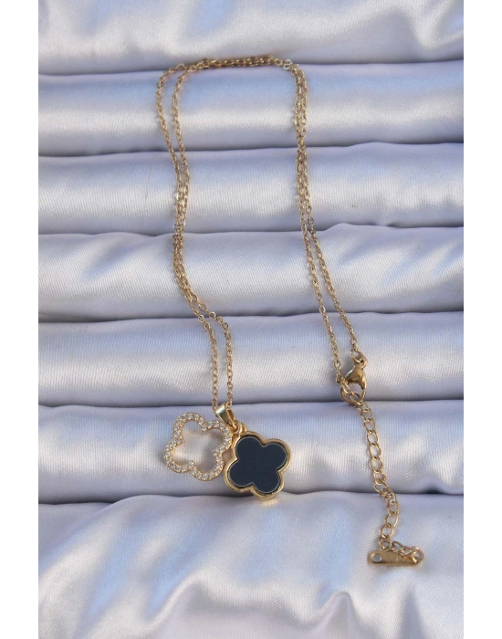316L Çelik Gold Renk Siyah Mineli Zirkon Taşlı Yonca Figürlü Kolye