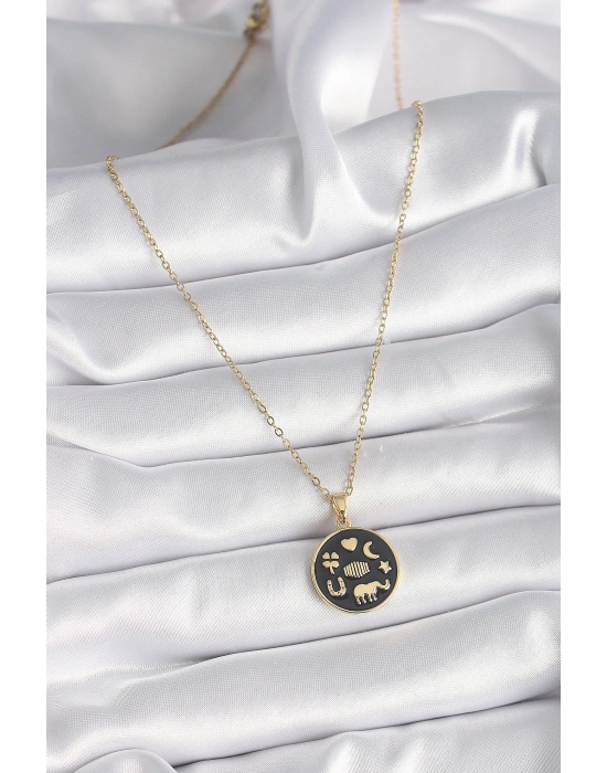 316L Çelik Gold Renk Siyah Şans Kolyesi