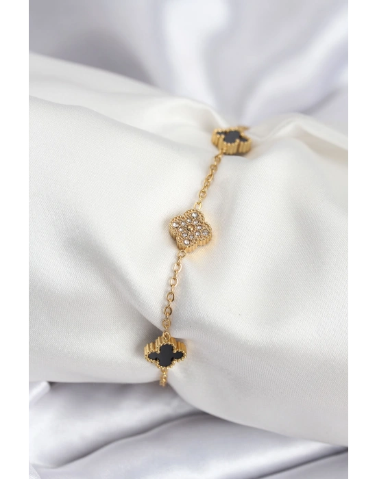 316L Çelik Gold Renk Siyah ve Zirkon Taşlı Baby Boy Yonca Kadın Bileklik