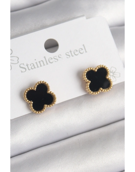 316L Çelik Gold Renk Siyah Yonca Model Kadın Küpe