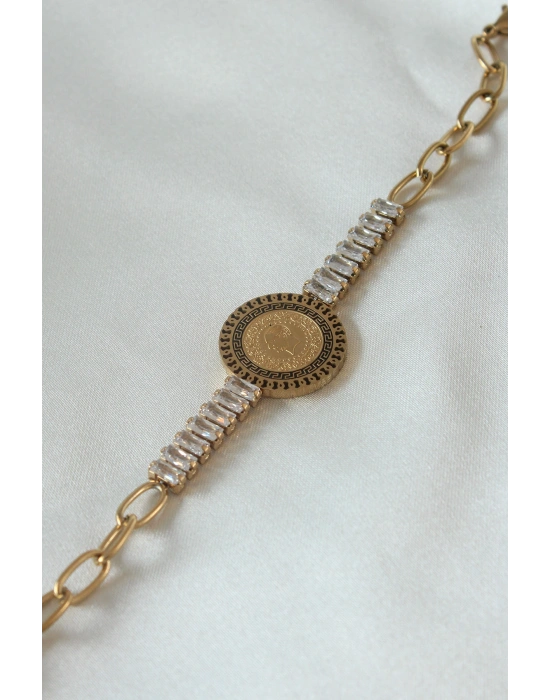 316L Çelik Gold Renk Tam Altın Modelli Zirkon Taşlı Kadın Bileklik