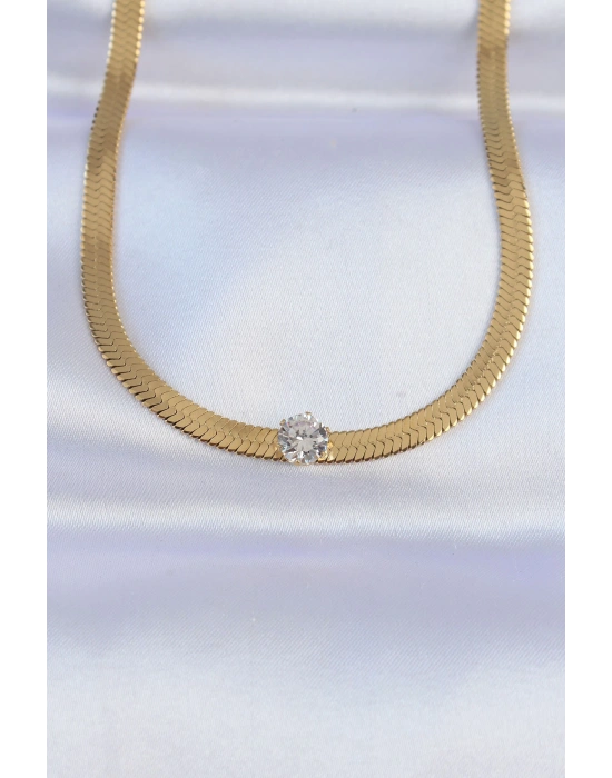 316L Çelik Gold Renk Tek Zirkon Taşlı İtalyan Zincir Kolye