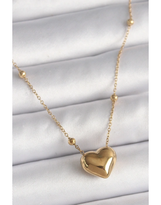 316L Çelik Gold Renk Topçuk Detaylı Zincir Kalp Model Kadın Kolye