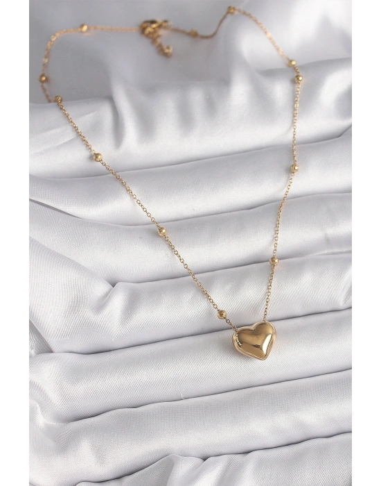 316L Çelik Gold Renk Topçuk Detaylı Zincir Kalp Model Kadın Kolye