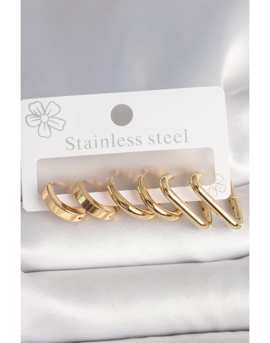 316L Çelik Gold Renk Üçgen Halka Model Kadın Küpe Seti