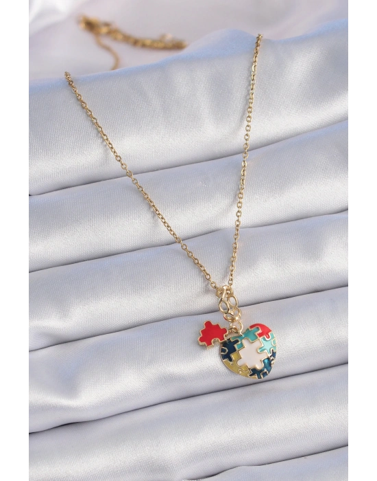 316L Çelik Gold Renk Yapboz Motif Kalp Figür Charm Model Kadın Kolye