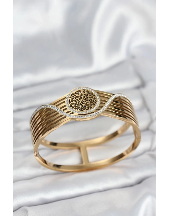 316L Çelik Gold Renk Yaşam Ağacı Modelli Kadın Kelepçe Bileklik