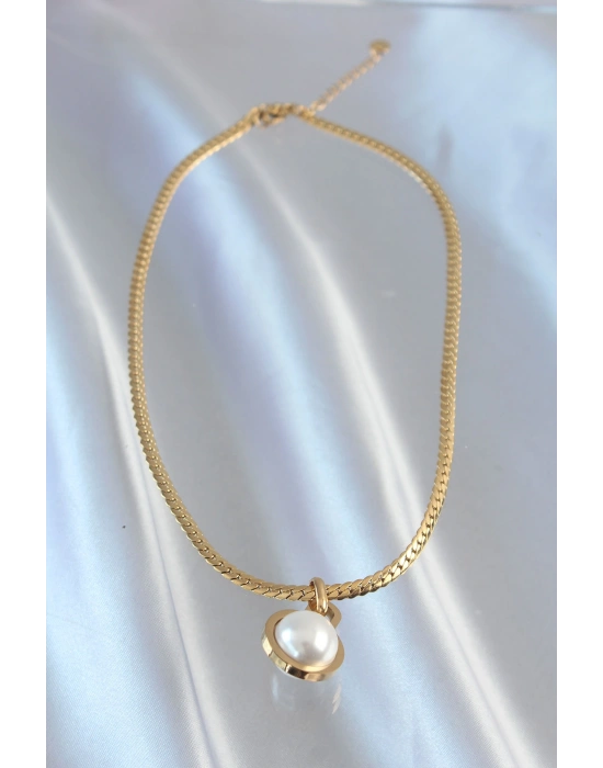316L Çelik Gold Renk Yassı Zincir İnci Taşlı Kolye