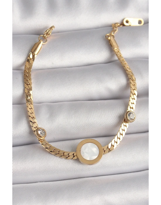 316L Çelik Gold Renk Yassı Zincir Model Zirkon Taş Detaylı Beyaz Mineli Madalyon Model Kadın Bileklik