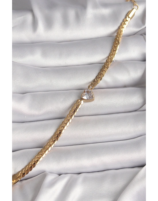 316L Çelik Gold Renk Yassı Zincir Model Zirkon Taşlı Kalp Figür Kadın Bileklik