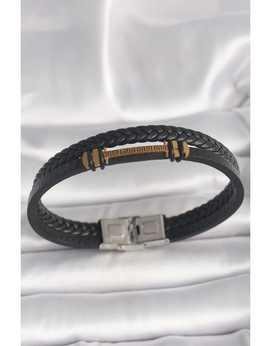 316L Çelik Gold Renk ZikZak İşlemeli Aksesuarlı Çift Sıra Burgu Desenli Deri Kordon Erkek Bileklik