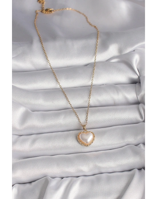 316L Çelik Gold Renk Zincir 3D İnci Kalp Model Kadın Kolye