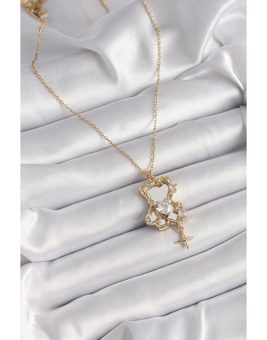 316L Çelik Gold Renk Zincir Ayna Ayıcık Model Zirkon Taşlı Kalp Model Kadın Kolye