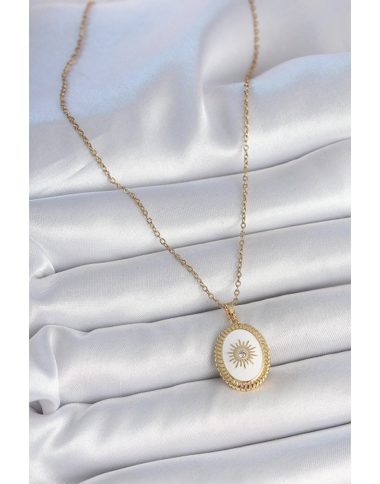 316L Çelik Gold Renk Zincir Beyaz Mineli Güneş İşlemeli Zirkon Taş Detaylı Madalyon Model Kadın Kolye