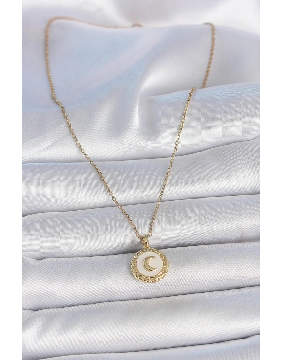 316L Çelik Gold Renk Zincir Beyaz Mineli Hilal İşlemeli Madalyon Model Kadın Kolye