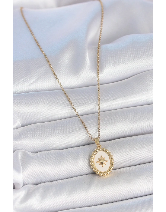 316L Çelik Gold Renk Zincir Beyaz Mineli Kutup Yıldız İşlemeli Madalyon Model Kadın Kolye
