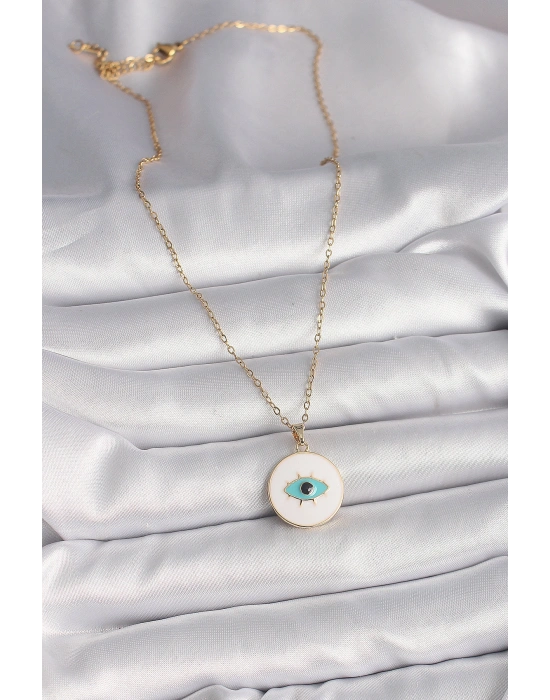 316L Çelik Gold Renk Zincir Beyaz Mineli Turkuaz Göz İşleme Model Kadın Kolye