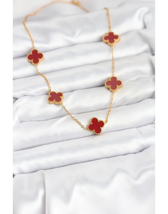 316L Çelik Gold Renk Zincir Bordo Yonca Kadın Kolye