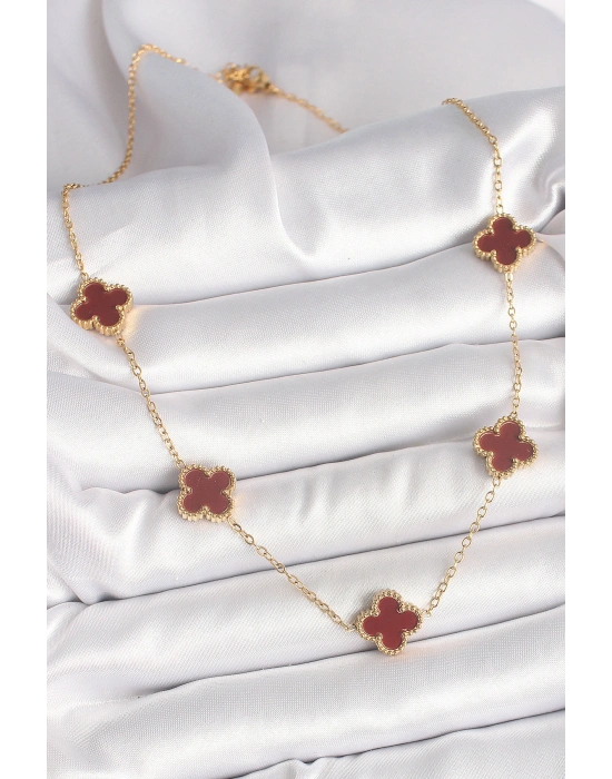 316L Çelik Gold Renk Zincir Bordo Yonca Model Kadın Kolye