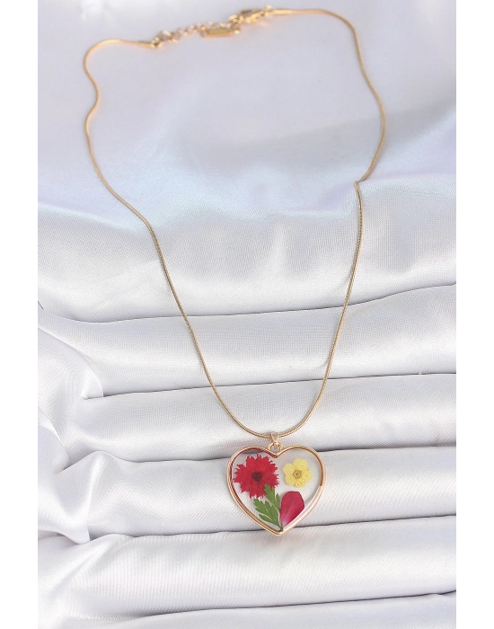 316L Çelik Gold Renk Zincir Epokis Kalp Doğal Çiçek Model Kadın Kolye