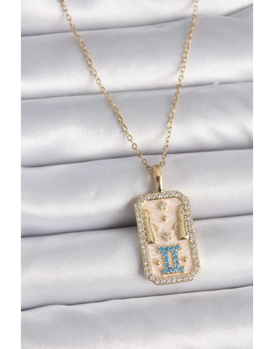 316L Çelik Gold Renk Zincir İkizler Burcu Zirkon Taşlı Kadın Kolye