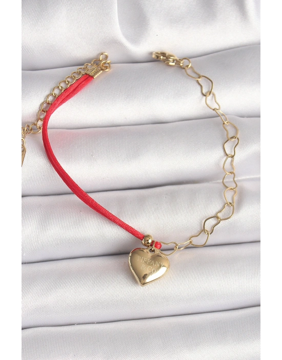 316L Çelik Gold Renk Zincir Kırmızı İp Model Sallantı Kalp Figür İşleme Detaylı Kadın Bileklik