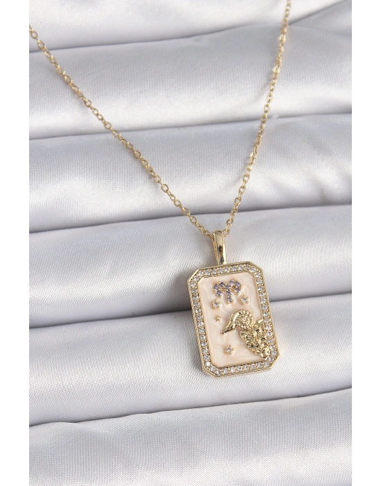 316L Çelik Gold Renk Zincir Koç Burcu Zirkon Taşlı Kadın Kolye