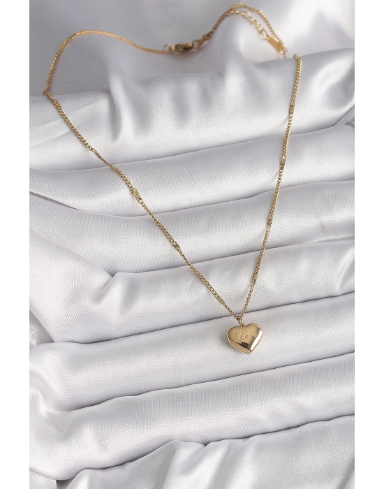 316L Çelik Gold Renk Zincir Love İşlemeli Kalp Figür Kadın Kolye
