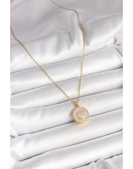 316L Çelik Gold Renk Zincir Madalyon Zirkon Taşlı Kalp Model Kadın Kolye