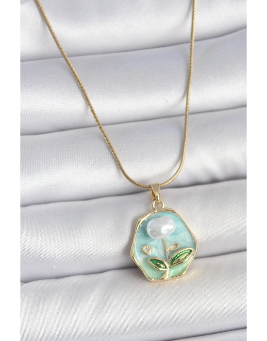 316L Çelik Gold Renk Zincir Mavi Çiçek İşlemeli İnci İşlemeli Portre Model Kadın Kolye