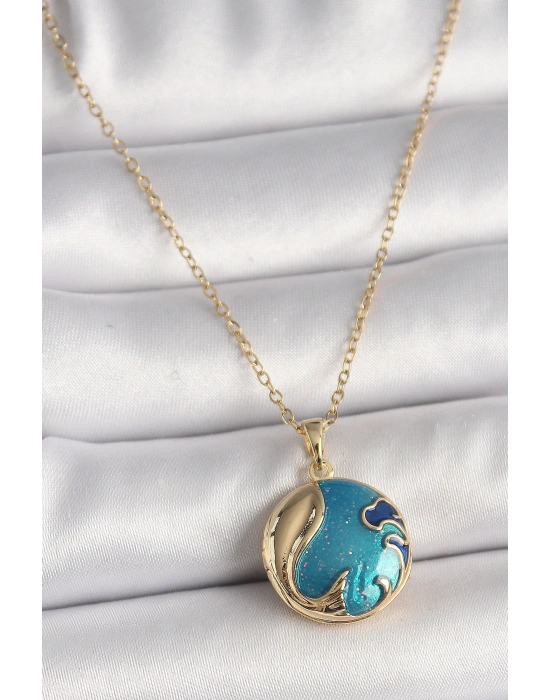 316L Çelik Gold Renk Zincir Mavi Dünya Model Kadın Kolye