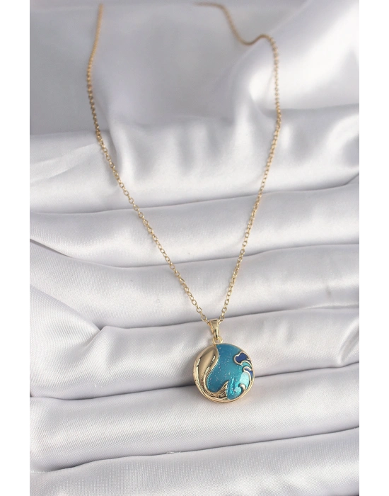 316L Çelik Gold Renk Zincir Mavi Dünya Model Kadın Kolye