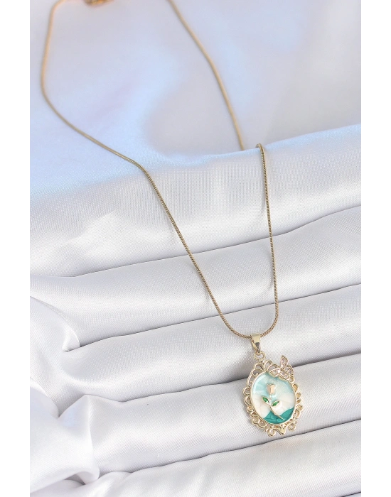 316L Çelik Gold Renk Zincir Mavi Mineli Çiçek İşlemeli Zirkon Taş Detaylı Portre Model Kadın Kolye