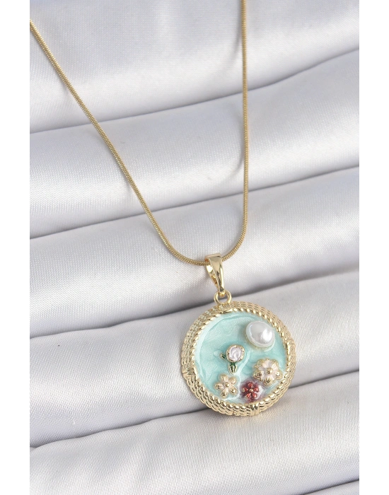 316L Çelik Gold Renk Zincir Mavi Mineli İnci Çiçek İşlemeli Zirkon Taş Detaylı Madalyon Model Kadın Kolye