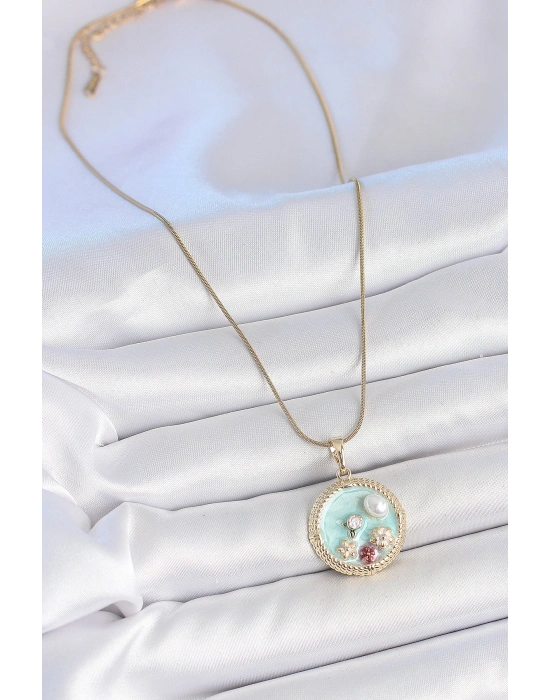 316L Çelik Gold Renk Zincir Mavi Mineli İnci Çiçek İşlemeli Zirkon Taş Detaylı Madalyon Model Kadın Kolye