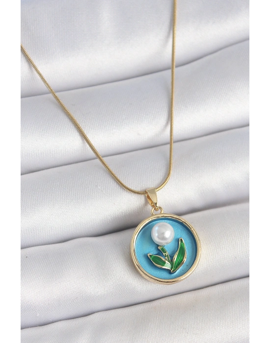 316L Çelik Gold Renk Zincir Mavi Mineli İncili Çiçek İşlemeli Portre Model Kadın Kolye